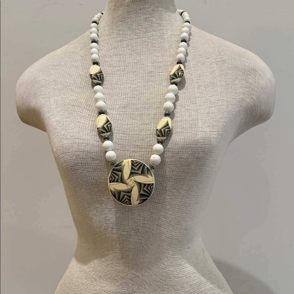Handcrafted White Bead Necklace with Geometric Pendant